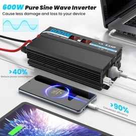 OLTEANP 600W Power Inverter Pure Sine Wave Inverter 12V DC to 120V AC Converter for Car, Truck, Home, Vehicles, Laptop, Car Inverter 12V to 110V with 2 AC Outlets, 2 USB Ports, LCD Display