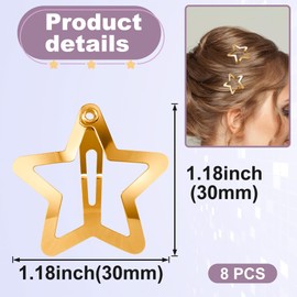 HINZIC 8PCS 1inch Gold Star Hair Clips 30mm Metal Snap Barrettes Non Slip Cute Wedding Festival Halloween Christmas Hair Accessories for Women