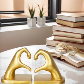 1Pair/2Piece Gold Heart Hands Book Ends, Heavy Duty Resin Decorative Bookends for Shelves, Non-Skid Book Holders for Home Office