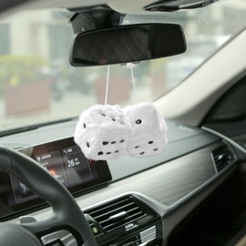 YGMONER White Fuzzy Dice for Rear View Mirror, Pair of 2.75" Plush Dice Retro Hanging Ornaments Car Interior Rearview Mirror Decor Accessories (White)