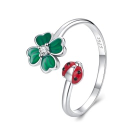 Shysnow Four Leaf Clover Ring for Women Sterling Silver 925 Dainty Green Lucky Shamrock Open Adjustable Finger Ring with Red Ladybug St Patricks Day Jewelry Gifts