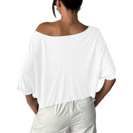 Remidoo Womens Off The Shoulder Short Sleeve Crop Top Asymmetrical Neck Loose Tshirt White Medium