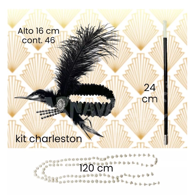 Grupo Carnavallia Kit Charleston Accesorios Diadema Pluma Negra Collar Pipa