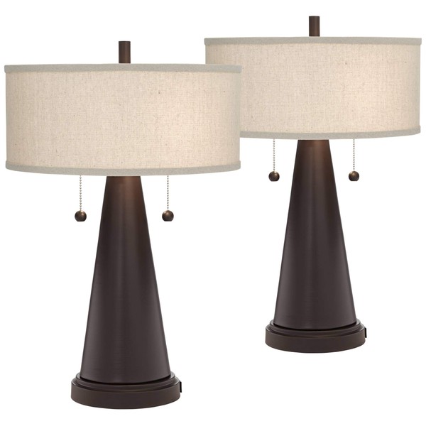 Craig Farmhouse Rustic Accent Table Lamps Set of 2 with Hotel Style USB Port Bronze Metal Natural Linen Drum Shade for Living Room Bedroom House Bedside Nightstand Home Office - Franklin Iron Works