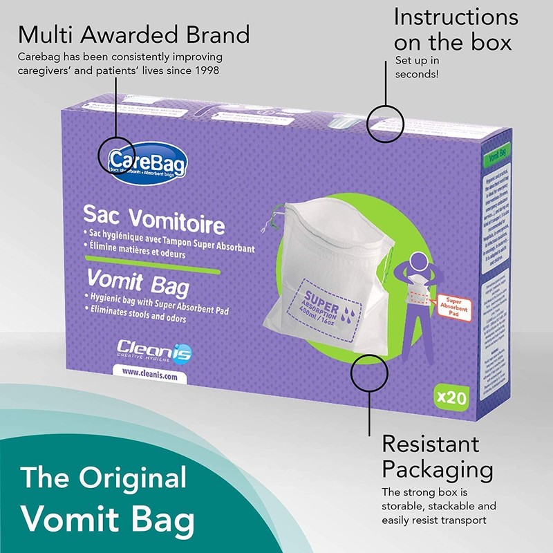 Cleanis CareBag Absorbent Sick Vomit Bags, Pack 20 Sickness Bags