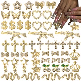 64 Pcs Gold Nail Charms and Gems Y2k Charms for Nails Design Metal Nail Jewels for Nail Art Nail Bow Cherry Butterfly Star Cross Heart Money 3D Nail Supplies