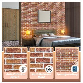 10 PCS 3D Wall Panels Peel and Stick for Interior Wall Decor, Faux Stone Wall Panel Self-Adhesive Wallpaper, Foam 3D Wallpaper for Living Room Bedroom Study Room Cover, Red