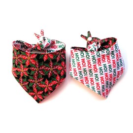 Poinsettia Prints Reversible Adjustable Christmas Holiday Cat Dog Bandana Tie On Snap Closure