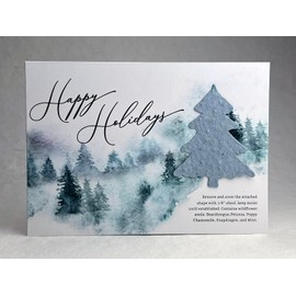 Of The Earth Handmade Paper - Holiday Favors - Recycled Card 5" x 7" w/Seed Paper Tree Shape 2.3" x 2.75" - Set of 10 w/Envelopes (Watercolor Scene (Horizontal))