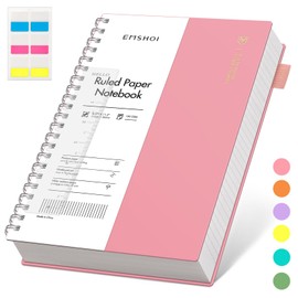 EMSHOI A4 Notebook College Ruled, Spiral Notepad 150 Sheets/300 Pages, 100gsm, PVC Cover, Sticky Notes, Pocket, Pen Loop, Ruler, Bookmark, Lined Journal for Women Men Writing, 21.5x27.9cm, Pink