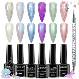 MIZHSE Pearl Gel Nail Polish Set, Glitter Drawing 6 Colors Mermaid Shimmer Gel Shell Thread Gel Polish Soak Off UV LED Manicure Set for Nail Salon