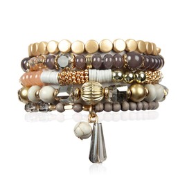 RIAH FASHION Bohemian Mix Bead Multi Layer Versatile Statement Bracelets - Stackable Beaded Strand Stretch Bangles Sparkly Crystal, Tassel Charm (Gray)