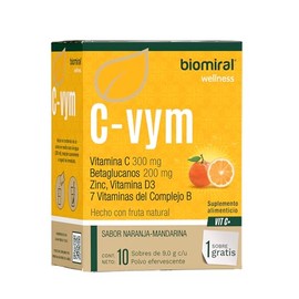 Biomiral C-VYM - Suplementos Alimenticios - Vitamina C, Betaglucanos, Vitamina D3, Zinc Y 7 Vitaminas del Complejo B - Caja con 10 Sobres + 1 Regalo - Polvo Efervescente - Sabor Naranja-Mandarina
