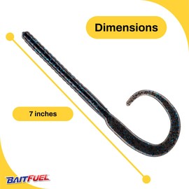 BAITFUEL C-Mac Classic Curly Tail Big Bass Worm Infused with Supercharged X55 Formula Gel | 7-Inch, Black/Blue Flake