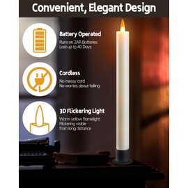 Da by 3 LED Flameless Table Candles with Remote Timer, 9.6 Inch Ivory Candle Holder, Battery Powered 3D Flickering False Flame Window Candle, Free 3 Black Bases