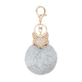 HONBAY Faux Rabbit Fur Fluffy Keychain Fashion Fox Head Alloy Keychain Sparkly Rhinestone Handbag Backpack Car Keychain, Grey, Medium