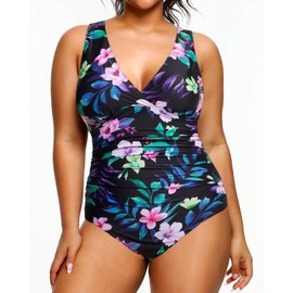Aqua Eve Women Plus Size One Piece Swimsuits Tummy Control Bathing Suits V Neck Ruched Swimwear Floral 18W