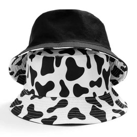 INOGIH Unisex Cow Pattern Print Bucket-Hat Double-Side-Wear Reversible Fisherman-Cap (Black)