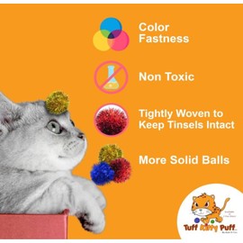 Tuff Kitty Puff Pack of 6 Standard 1.5 Inch Sparkle Tinsel Balls for Cats – Blue, Interactive Exercise Toys for Indoor Cats & Kittens, Lightweight Durable Balls for Chasing & Batting Play