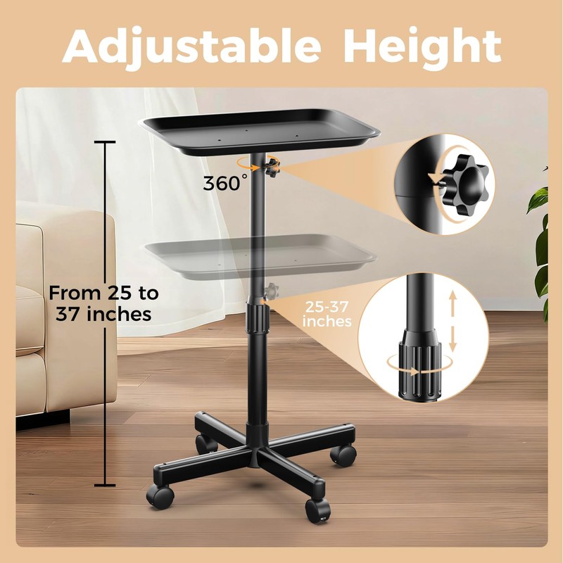 36" Salon Tray on Wheels Black, Adjustable Height Tattoo Tray