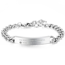 JewelryWe Free Engraving Women's Stainless Steel Bracelet Link Curb Chain Wristband Silver
