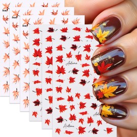 6 Sheets Autumn Nail Stickers Thanksgiving Day Maple Leaf Nail Decals Red Maple Leaves Nail Design Stickers Fall Leaf Nails Decoration Orange Maple Leaf Manicure Accessories Nails Supplies for Women