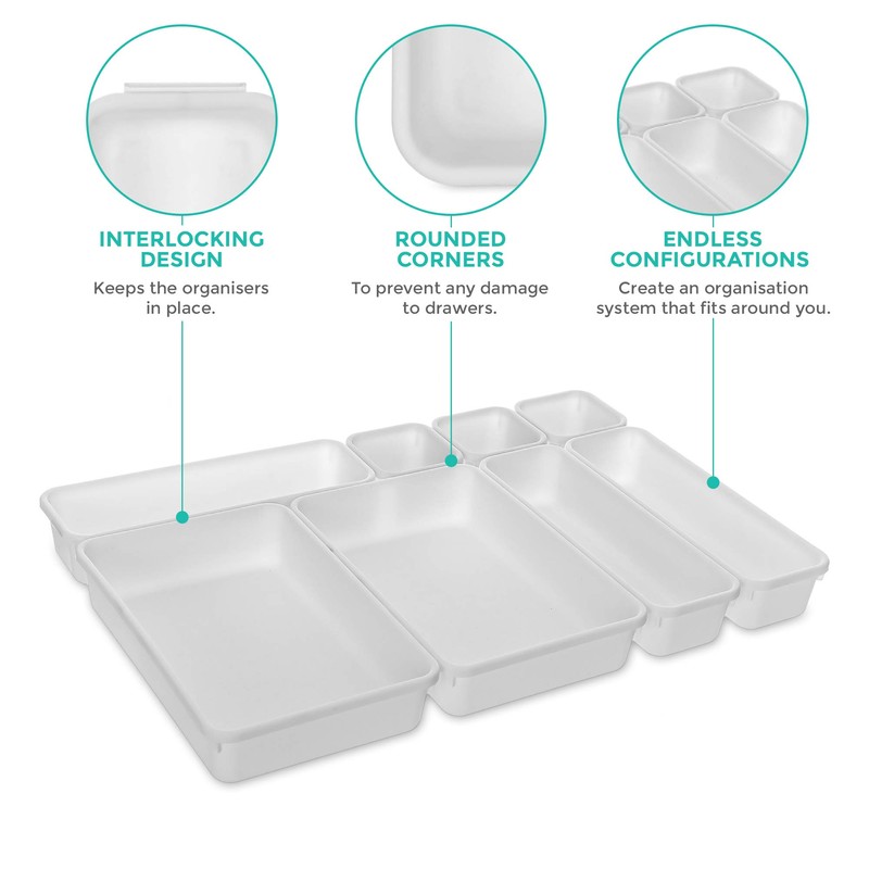 LIVIVO 8pc Interlocking Drawer Organiser and Dividers Plastic Desk and