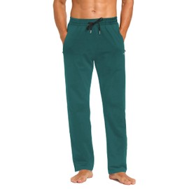 Men's Sweatpants Cotton Yoga Pants Casual Jersey Pants for Men Open Bottom Straight Leg with Zipper Pockets Green Small