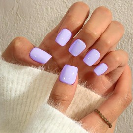 KQueenest Light Purple Press on Nails Short Square, Short False Nails with Glue, Glossy Solid Color Lavender Fake Nails Set, Natural Fit, Reusable Small Gel Stick on Nail for Women Decoration 24 Pcs