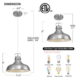 ALAISLYC Brushed Nickel Farmhouse Pendant Lights Matte Pendant Lighting for Kitchen Island Industrial Adjustable Height Vintage Dome Hanging Light Fixtures for Barn, Dining Room 1 Pack