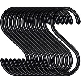 12 Pack 5 Inch S Hooks, Large Vinyl Coated Closet Hooks Non Slip Heavy Duty for Hanging, Rust Proof Steel Black Metal S Hooks for Hanging Jeans Plants Clothes Bag Purse Bird Feeder Pot Pan Cups Towel
