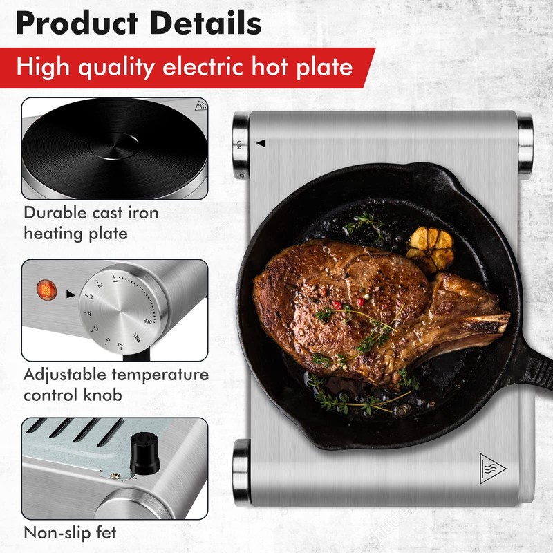 CUSIMAX Electric Hot Plate 1500W Single Burner Cast Iron Hot
