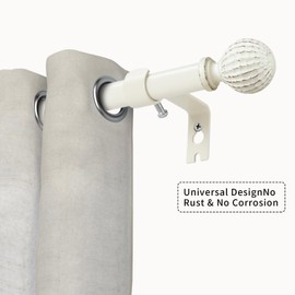 eTeckram 5/8" single Curtain Rod with Balle Finials (Weathered White, 48"-84")