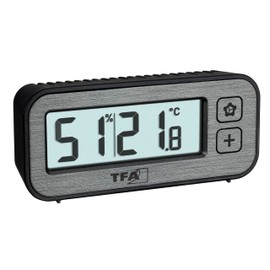 TFA Dostmann Mini-Wecker digital mit Temperatur und Luftfeuchtigkeit Switch, 60.2039.10, mit Höchst- und Tiefstwerte, mit Weckalarm und Quarzuhr, Reisewecker, klein, Nicht tickend, grau