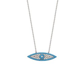 JewelryWeb 925 Sterling Silver Elongated Cubic Zirconia and Nano Simulated Turquoise Evil Eye Necklace 18 Inch Pendant-Necklace for Women