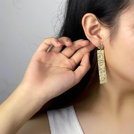 Inilbran Boho Hammered Square Drop Earrings Gold Hammered Texture Square Dangle Earrings Long Square Studs Earrings Geometric Texture Coin Earrings Jewelry for Women and Girls