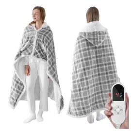 Wearable Electric Blanket Heated Throw, 50" x 60" Fast Heating Wrap Poncho Shawl with Hood & Pockets, 6 Heat Levels & 12 Hours Auto Shut-Off, Machine Washable, ETL & FCC Certified, Grey Plaid
