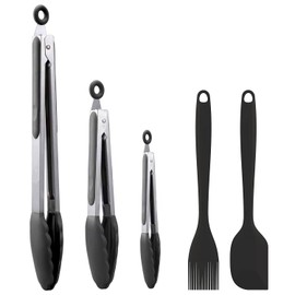 Juego De 5 Pinzas Para Cocina Silicona De Acero Inoxidable y Cepillo para Parrilla, Tenazas con Puntas de Antiadherentes, Alta Resistencia al Calor para Cocinar, Servir, Ensalada