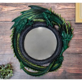 Ebros Gift Gothic 11.75" Tall Jade Pagoda Green Intertwined Dragon Round Wall Mirror Plaque