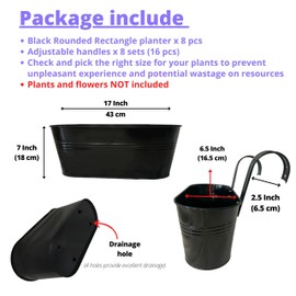 LaLaGreen Deck Railing Planter Box (17 Inch, 8 Pack) Large Black Metal Window Flower Boxes Outdoor, Hanging Planters Plant Holder Fence Rail Bucket Boho Style Wall Mount Outside Patio Porch Herb Decor