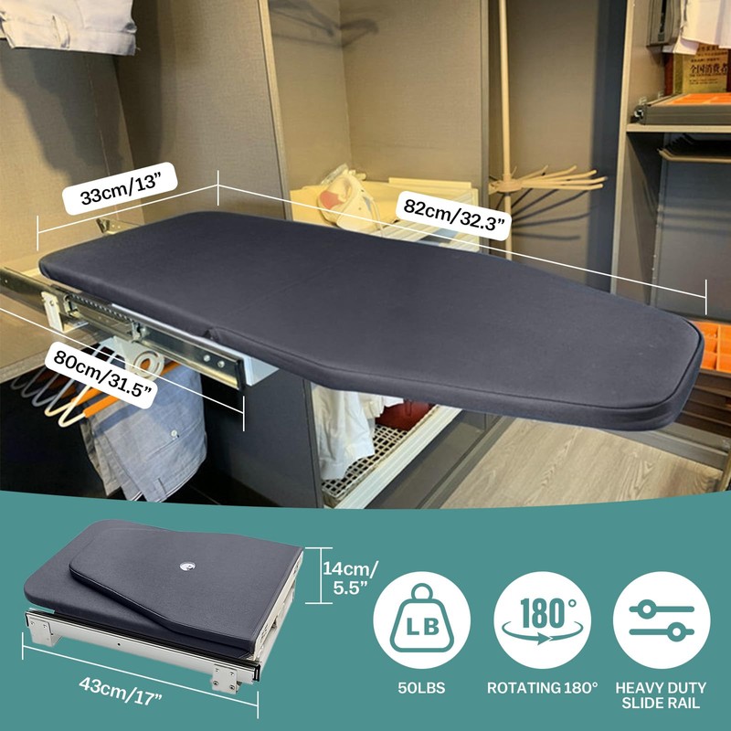 Vrietina Retractable Foldable Ironing Board, 180° Swivel Pull Out Ironing