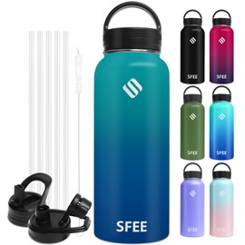 Sfee Insulated Water Bottle, 32oz Stainless Steel Water Bottle with 5 Straws&3 Lids, Wide Mouth Double Wall Vacuum Metal Water Bottle Leak-Proof BPA Free Sports Water Bottle+ Cleaning Brush (BDblue)