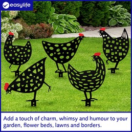 Easylife Chicken Silhouettes Metal Garden Ornaments, Set of 5 Decorative Garden Art, Weatherproof Garden Accessories W14-22cm x H24-26cm - Fully Guaranteed