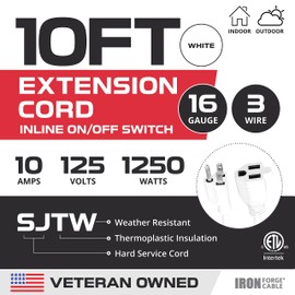Iron Forge Cable 10 Ft White Outdoor Extension Cord with IP65 Inline Switch On/Off, 16/3 SJTW 3 Prong Waterproof Switch - 10 AMP Cord - ETL Listed
