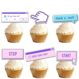 Dessert Cupcake Topper Intelligence Computer Tips Theme Decorations Boy Girl Happy Birthday Decor Supplies set 18pcs Pink Glitter