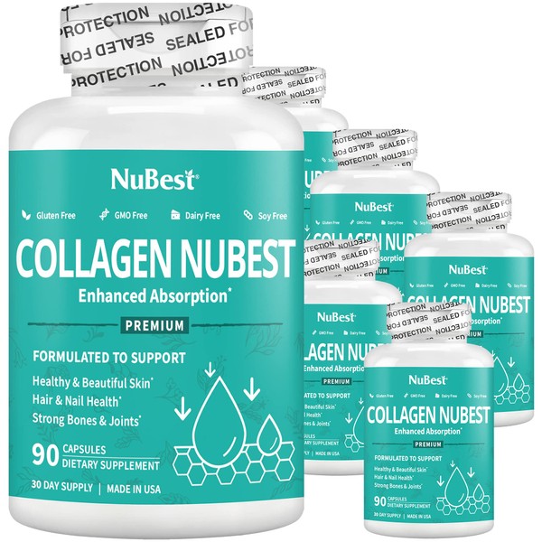 NuBest Collagen Collagen Peptides - Collagen Pills for Adults for Hair Growth, Strong Nails, Skin Health - Premium Collagen for Hair, Vitamin for Nails - 1500 mg Collagen Per Serving - 6 Pack