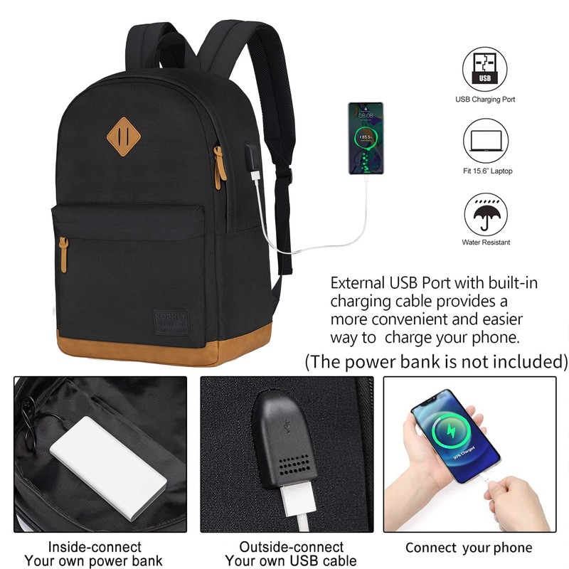 KOPHLY Casual Lightweight Laptop Backpack with USB Charging Port For