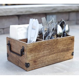 Mango Wood Utensils Caddy, Holder for Spoons, Forks, Knives, Salt Pepper, Napkins, Silverware Organizer, Flatware Holder (10.5 X 6.5 X 4.5 Inches)