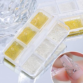 Mkwntg 1 Box/6Grid 3D Mixed Sizes Nail Art Charms Gold Silver Mini Metal Caviar Nail Charms Steel Pearl Gemstone Beads Nail Gem Jewelry for Women Girls Manicure Nails Supplies DIY Crafts Decorations