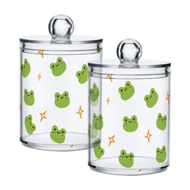 Bulletgxll Apothecary Jar with Lids 2 Pack Cute Frog Qtip Holder Clear Plastic Containers Bathroom Vanity Countertop Organizer for Cotton Swabs, Cosmetic Pads, Sponges, Flossers